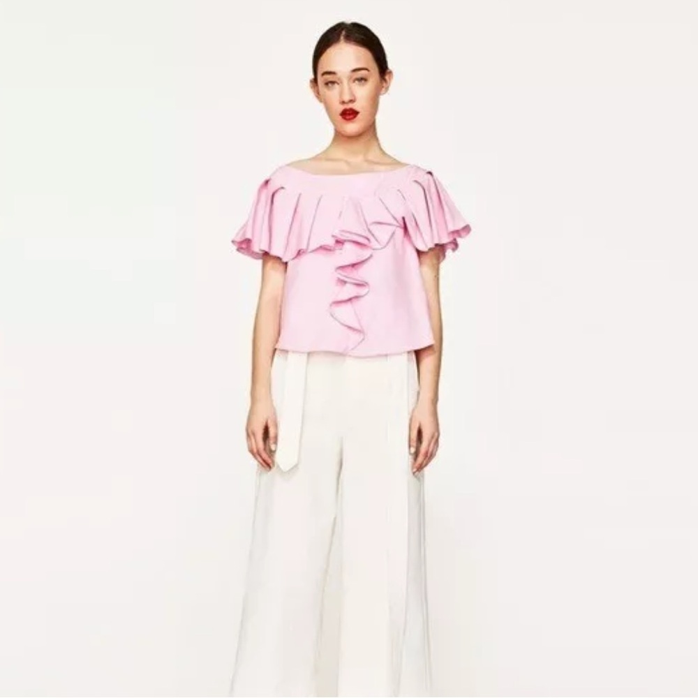 NWT! ZARA Barbie Coquette Light Pink Off Shoulder Ruffle Top Blouse XS - Picture 8 of 9